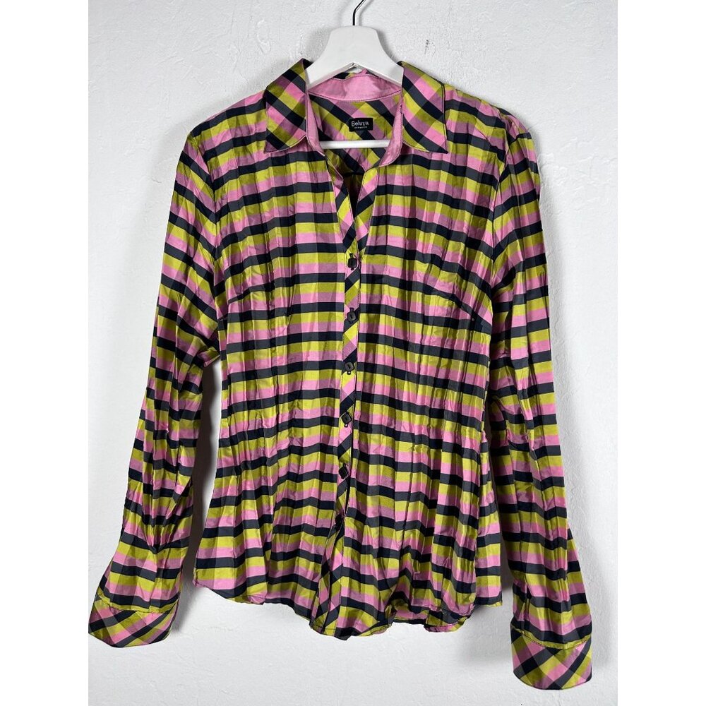 Beluva Womens Button-Down Pleated Plaid Shirt Top Large Pink/Green Long Sleeve
